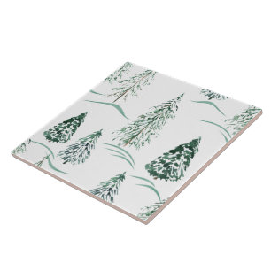 Azulejo De Cerâmica Árvores natalinas de aquarela. Floresta de inverno