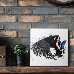 Azulejo De Cerâmica Asas de Anjo Gótico Gato Preto Fada Azul