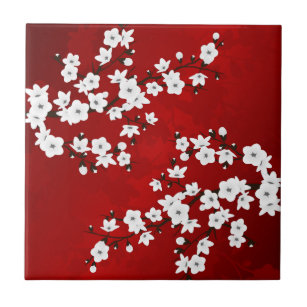 Azulejo De Cerâmica Asia Floral White Chersom Red