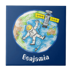 Azulejo De Cerâmica Astronauta engraçado no espaço e na banda desenh