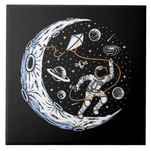 Azulejo De Cerâmica Astronauta Voando uma Pipa na Lua