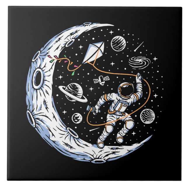 Azulejo De Cerâmica Astronauta Voando uma Pipa na Lua (Frente)
