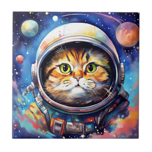 Azulejo De Cerâmica Astronautas de Gato em Aquarela