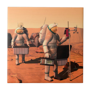 Azulejo De Cerâmica Astronautas Montando Equipamento Meteorológico Em