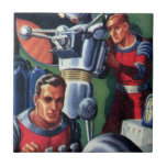 Azulejo De Cerâmica Astronautas Vintage Science Fiction consertando um<br><div class="desc">Ilustração vintage: aliens futuristas de ficção científica e imagem de robôs apresentando um homem trabalhando em seu robô metálico. Um astronauta é um piloto que controla os controles do seu foguete. Retro clássico com estilo cômico de 50 s design de ficção científica.</div>