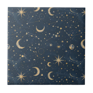 Azulejo De Cerâmica Astronomia Vintage Navy Marfim Lua Constelação