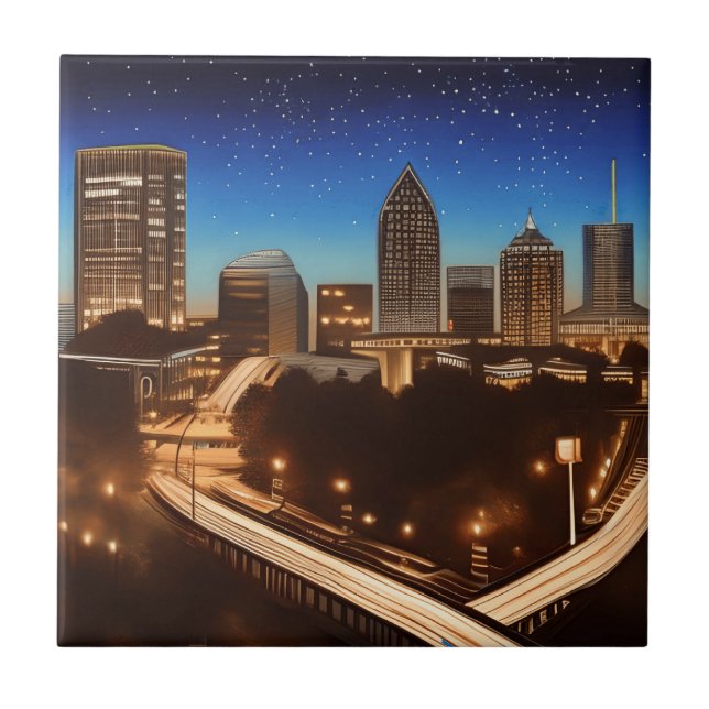 Azulejo De Cerâmica Atlanta Georgia Skyline Blue Starry Noite (Frente)