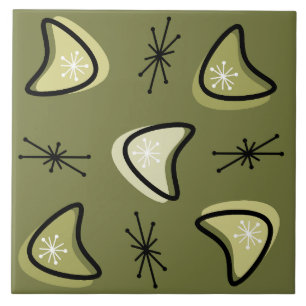 Azulejo De Cerâmica Atômico Boomerangas Starbursts Olive Green
