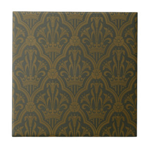 Azulejo De Cerâmica Audsley Vintage Gold Lírio Crown Verde Damask Arte