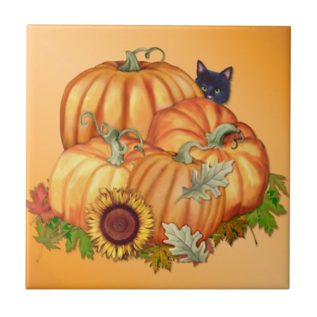 Azulejo De Cerâmica Autumn Bounty Pumpkins Cat (Frente)