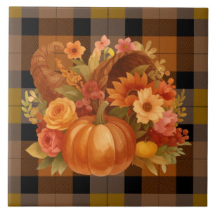 Azulejo De Cerâmica Autumn Harvest Cornucopia Na Xadrez