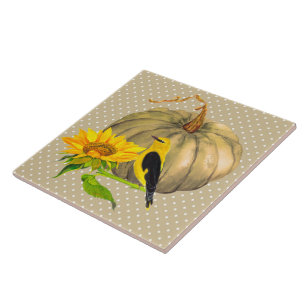 Azulejo De Cerâmica Autumn Pumpkin Sunflower e Finch 