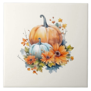 Azulejo De Cerâmica Autumn Pumpkins com Flores e Folhagem