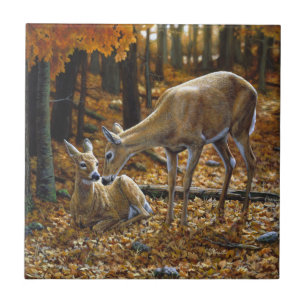 Azulejo De Cerâmica Autumn Whitetail Doe and Fawn