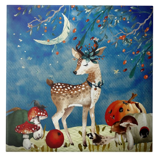 Azulejo De Cerâmica Autumn Woodland Friends Deer Forest Ilustration (Frente)