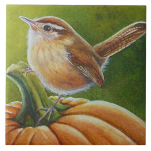 Azulejo De Cerâmica Autumn Wren Bird em Orange Pumpkin Watercolor Art