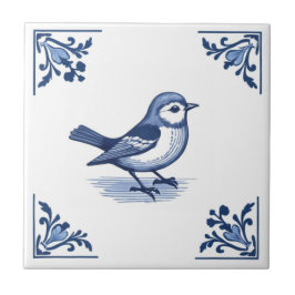 Azulejo De Cerâmica Ave com cantos Florais Azul e Branco Delft