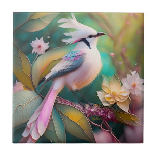 Azulejo De Cerâmica Ave de Fantasia Jay com Crista Branca e Cauda Rosa