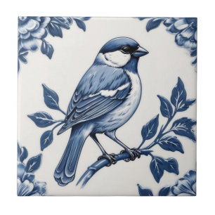 Azulejo De Cerâmica Ave Floral Branca e Azul do Sparrow