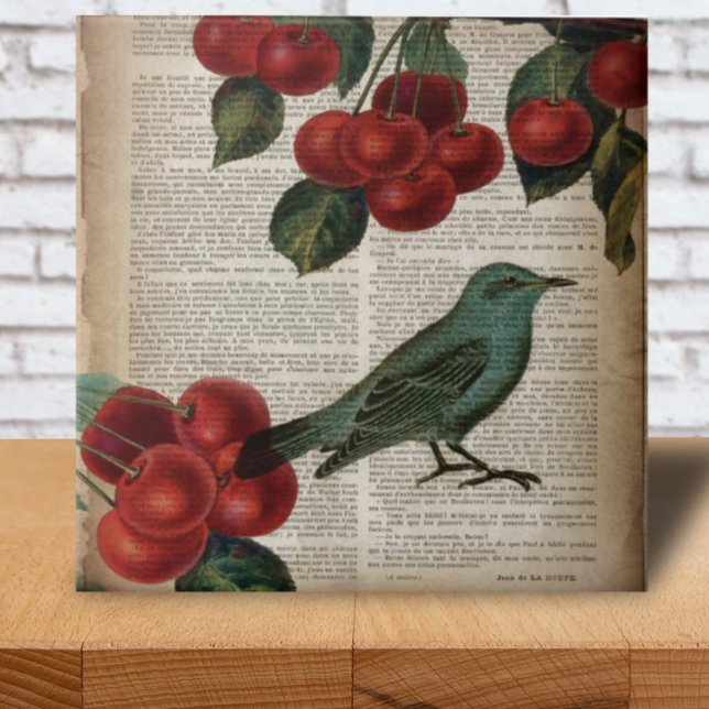 Azulejo De Cerâmica ave francesa retro botanical red cherry (french country bird retro botanical red cherry tile)