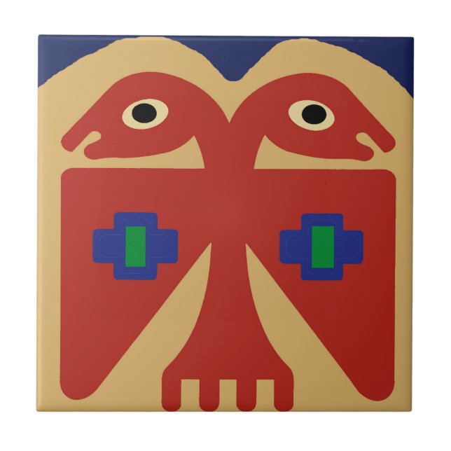 Azulejo De Cerâmica Ave Tribal Peruana de Duas Cabeças (Frente)