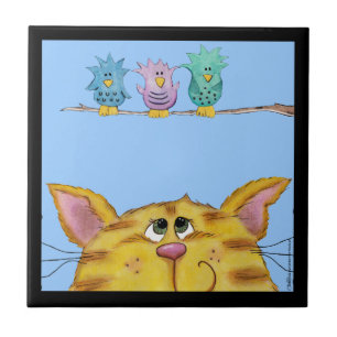 Azulejo De Cerâmica Ave Watcher-Cat Vigia Aves Acima