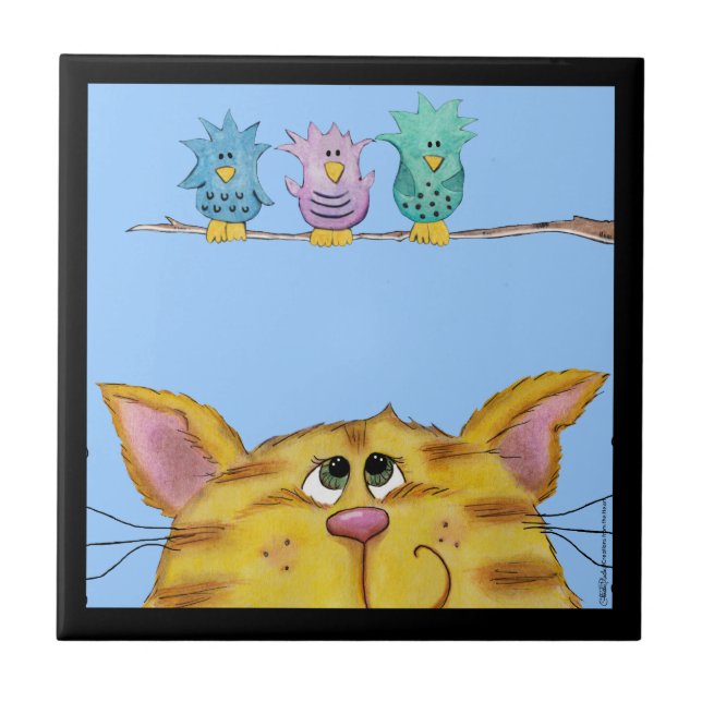 Azulejo De Cerâmica Ave Watcher-Cat Vigia Aves Acima (Frente)