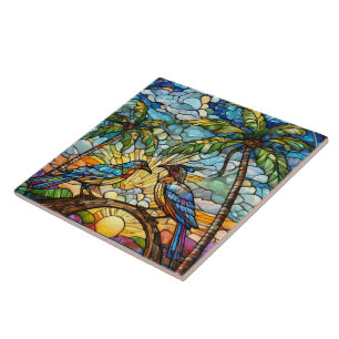 Azulejo De Cerâmica Aves à Sunrise Arte de Vidro Contida