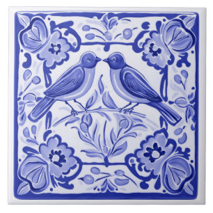 Azulejo De Cerâmica Aves azuis mediterrânicas BlueBirds Folk Floral