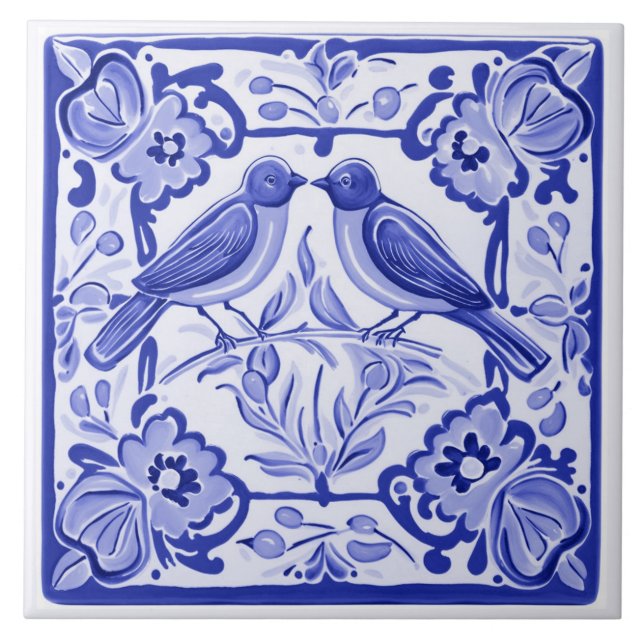 Azulejo De Cerâmica Aves azuis mediterrânicas BlueBirds Folk Floral (Frente)