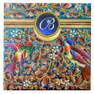 AZULEJO DE CERÂMICA  AVES COLORIDAS E PADRÕES FLORAIS MONOGRAMAS GEM AZ