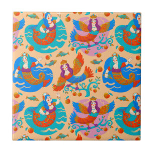 Azulejo De Cerâmica Aves de capoeira e sereias