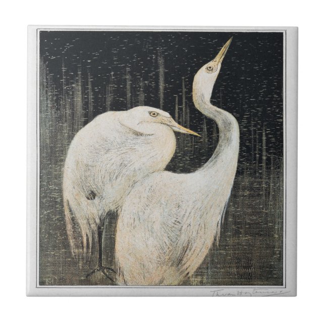 Azulejo De Cerâmica Aves Dois Egrets Arte Vitoriana (Frente)