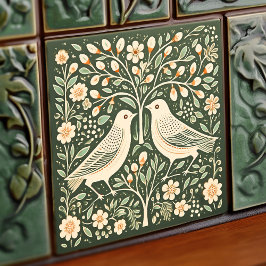 Azulejo De Cerâmica Aves e Árvore da Arte Verde da Vida Nouveau