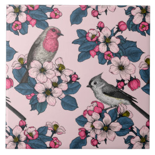 Azulejo De Cerâmica Aves e Blossomas a rosa