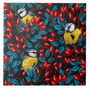 Azulejo De Cerâmica Aves e coxas rosa de cães, azuis e vermelhas