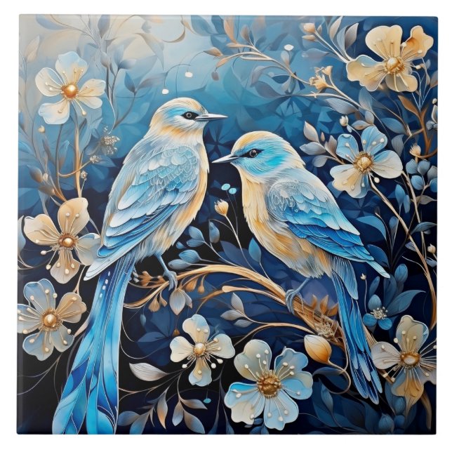 Azulejo De Cerâmica Aves e flores, ornamentais e belas (Frente)