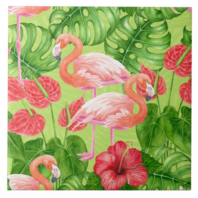 Azulejo De Cerâmica Aves Flamingo e plantas tropicais (Frente)