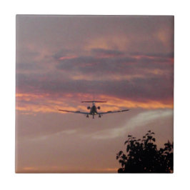 Azulejo De Cerâmica Avião Comercial Aterrissando Ao Pôr do Sol