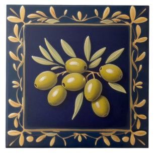 Azulejo De Cerâmica Azeitonas Azul Naval Verde Folhas de Oliveira Medi