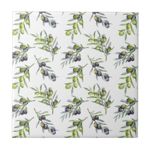 Azulejo De Cerâmica Azeitonas em Aguarela Verde Salvia
