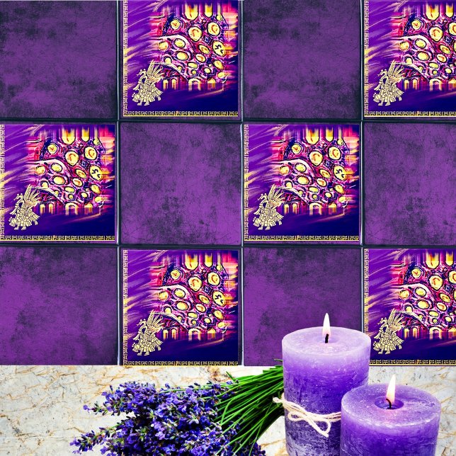 Azulejo De Cerâmica Aztec Ouro & Purple Mexicano Boho Wooden Box Sinal (Criador carregado)