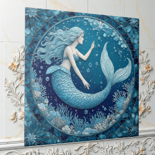 Azulejo De Cerâmica Azul Água-Marinha Sereia Oceano Bolha Mosaico Bril