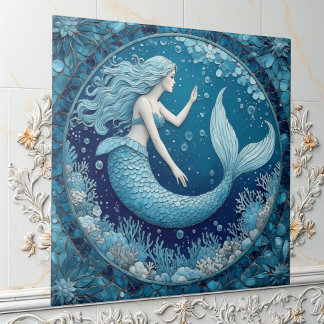 Azulejo De Cerâmica Azul Água-Marinha Sereia Oceano Bolha Mosaico Bril