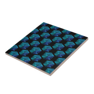Azulejo De Cerâmica Azul-aqua brilha padrão geométrico preto