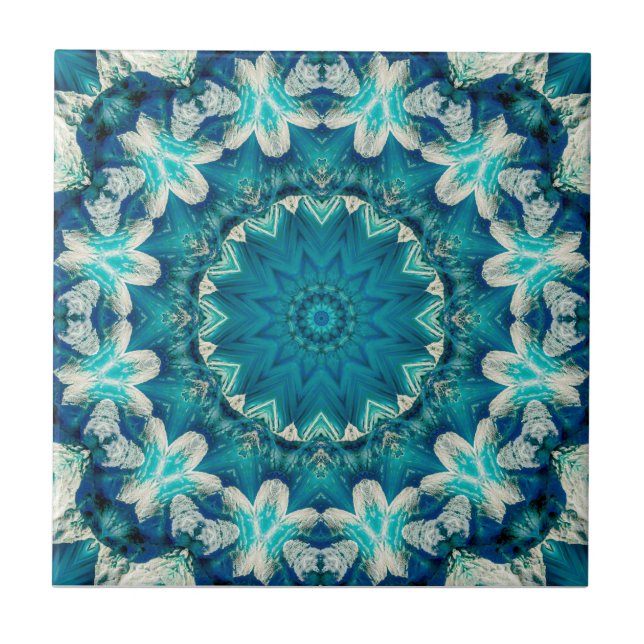 Azulejo De Cerâmica Azul Aqua Mandala Rosette Retro Hippie (Frente)