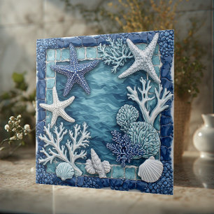 Azulejo De Cerâmica Azul aqua Vida Marinha Estrela-do-Mar Recife de Co