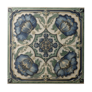 Azulejo De Cerâmica Azul Art Nouveau vintage de Papoulas Floral