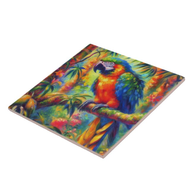 Azulejo De Cerâmica Azul-azul-pássaro tropical impressionista (Lateral)