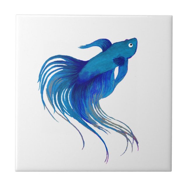 Azulejo De Cerâmica Azul Betta Watercolor (Frente)